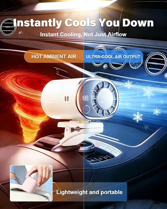 2026 Car Clip on Air Conditioner Fan with LED Display Portable Mini Cooling System 360° Rotation Adjustable 200 Speeds Rechargeable Handheld Gadget 16℃ Semi Wide Clamp for Vehicle Shirt Waist(White) - Image 3