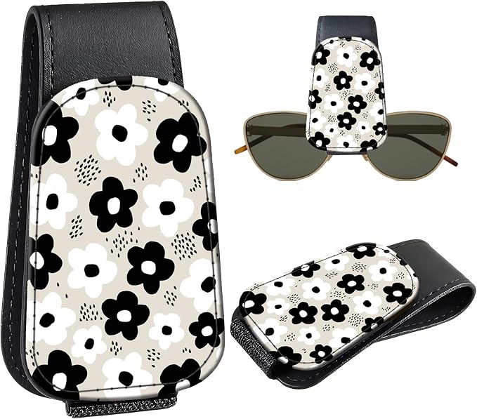 Leather Magnetic Sunglass Holder for Car Sun Visor, Cute Eyeglass Ticket Card Hanger Clip, Universal Auto Interior Accessories for SUV Pickup Truck, Black White Flower by Unknown
