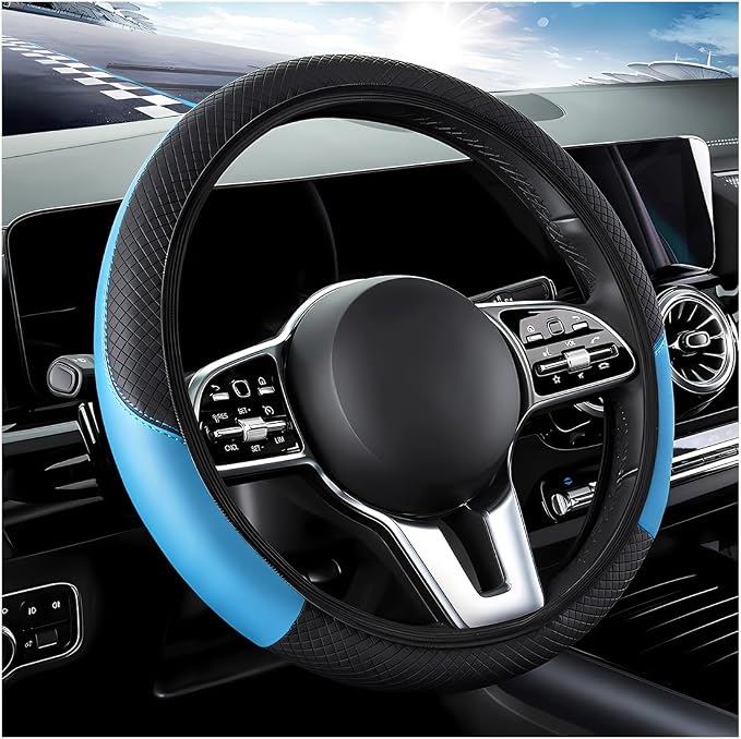 DXNQ Car Steering Wheel Cover, 15 Inch Carbon Fiber Leather Stitching Color Steering Wheel Protector, Anti-Slip Elastic Breathable Steering Wheel Cover Stylish Decor for Most Cars (Black&Blue, AD) by DXNQ