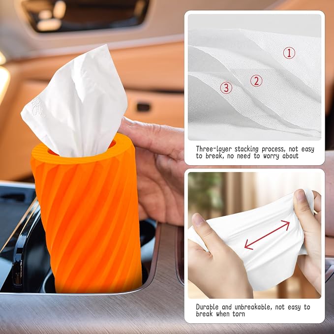 Car Tissue Holder, Refillable Round Cylinder with 3 Tissue Packs, Universal Fit for Vehicle Cup Holder, Home & Office, Car Accessories Interior (Orange) - Image 5
