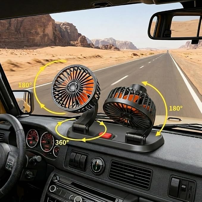 Dual Head 24V Car Cooling Fan, 360° Rotatable Dashboard Fan with 2 Speed Adjustable, Cigarette Lighter Plug Heavy Duty Truck Fan for Semi Truck, Bus, Tractor, Van, School Bus - Image 3