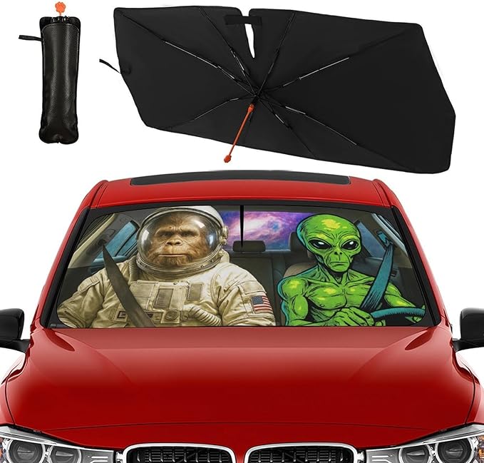Funny Alien Astronaut Car Windshield Sun Shade Umbrella Bendable Handle Foldable Funny Sunshade for Car Windshield Block UV Rays Keep Vehicle Cool for Most Sedans SUV Trucks Cars 57"x30" by DOPINDU