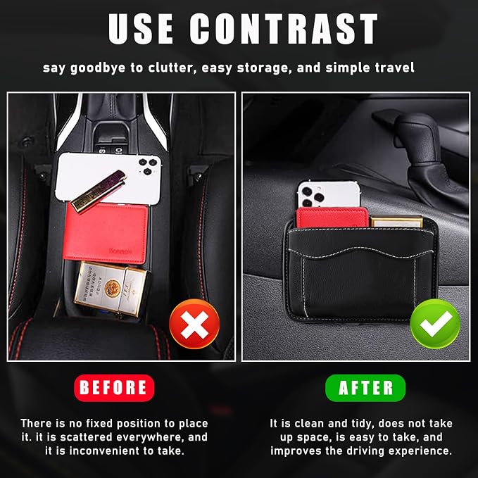 povtii 2 PCS Car Seat Side Pocket Organizer, PU Leather Cell Phone Sunglasses Storage Pocket, Mini Seat Gap Filler Pouch for Auto Seat Door Window Console, Interior Car Accessories (Black) - Image 5