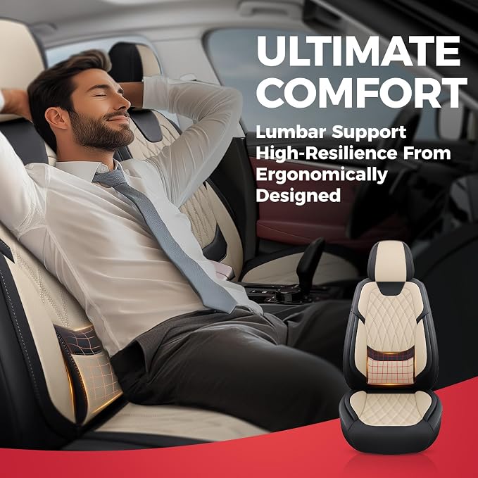 FREESOO Front Seat Covers Faux Leather Waterproof Universal Fit Black Beige | faux leather front seat covers, breathable waterproof, lumbar support, universal fit sedans hatchbacks pickups - Image 5
