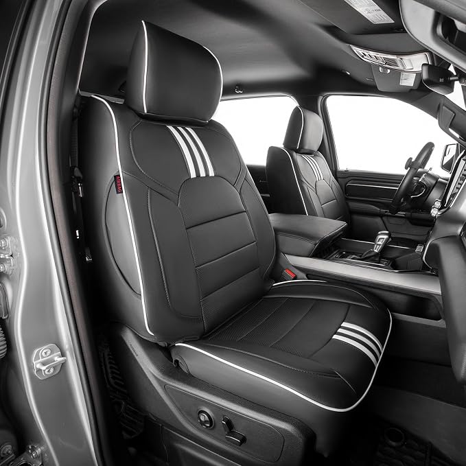 EKR Ram 1500 Seat Covers Custom Fit for (Crew Cab) RAM 1500 Big Horn/Rebel/Tradesman/Lone Star 2019-2026,Waterproof Leather Car Seat Cover for Trucks Full Set-Faux Leather (Black with White Piping) by EKR