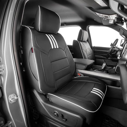 EKR Ram 1500 Seat Covers Custom Fit for (Crew Cab) RAM 1500 Tradesman 2019-2025 & Express 2026,Waterproof Leather Black Car Seat Cover for Trucks Full Set-Faux Leather(Black with White Piping) by EKR