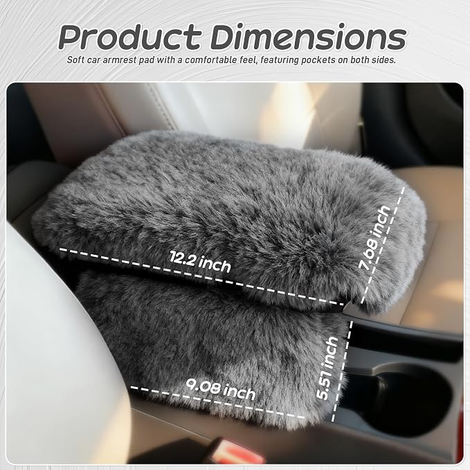 Fluffy Car Armrest Cover with Side Pockets – Plush Fuzzy Fur Center Console Armrest Cushion Pad, Universal Winter Car Interior Protector, Soft Arm Rest Cover with Storage for Women & Men (GRAY) - Image 2