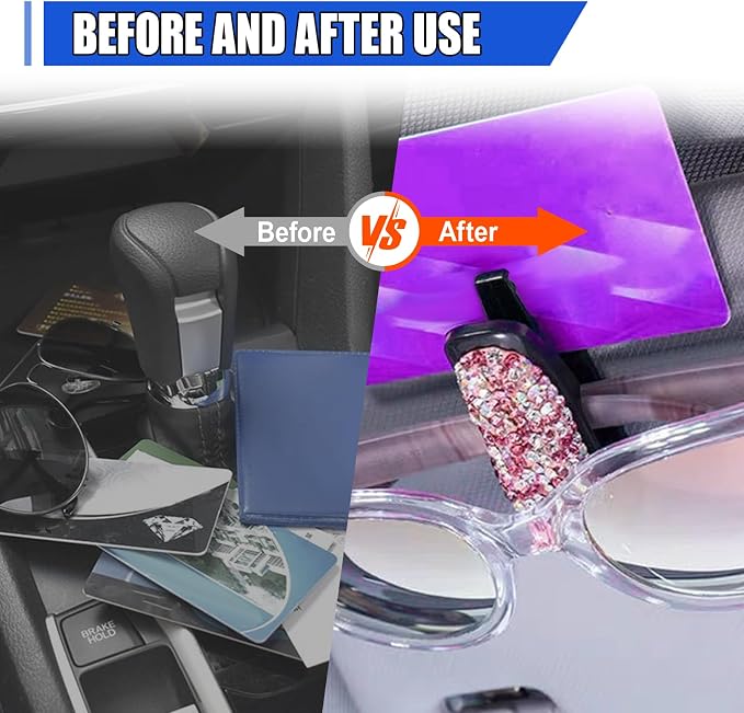 2PCS Bling Sunglass Holder for Car Sun Visor, Crystal Rhinestone Car Eyeglasses Hanger Mount with Ticket Card Clip, Fashion Auto Visor Decoration Accessories for Women Girls (Pink) - Image 4