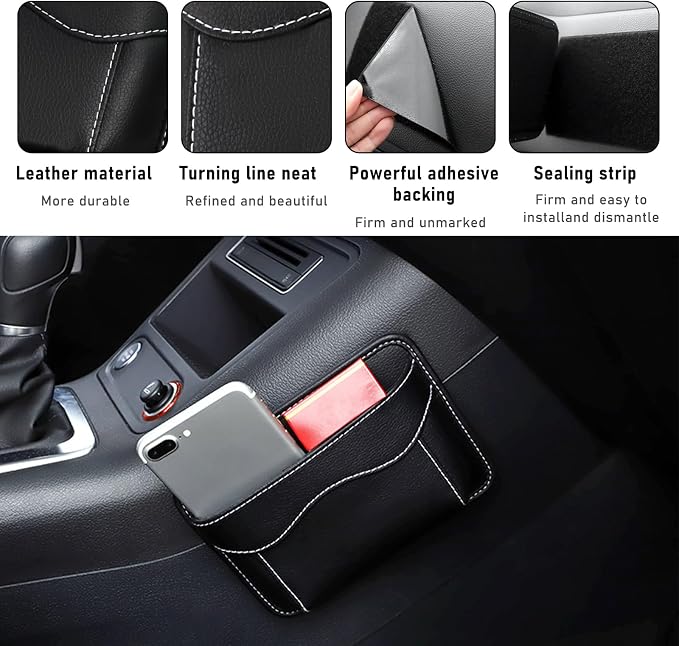 povtii 2 PCS Car Seat Side Pocket Organizer, PU Leather Cell Phone Sunglasses Storage Pocket, Mini Seat Gap Filler Pouch for Auto Seat Door Window Console, Interior Car Accessories (Black) - Image 3