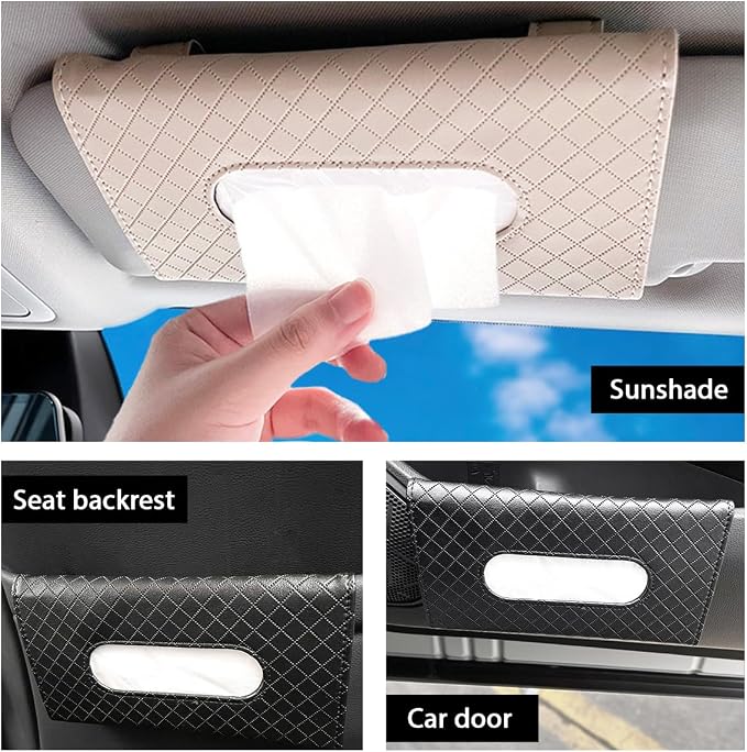 Car Tissue Holder, Leather Sun Visor Hanging Napkin Holder with Tissue Refill, Clip-On Visor Mask Dispenser Premium Paper Towels Case for Vehicles, Universal Car Accessories (Beige) - Image 6