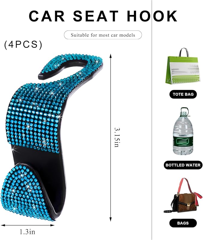 4 PCS Car Seat Headrest Hooks, Bling Crystal Rhinestone Back Seat Hanger Storage Organizer, Sparkly Seatback Holder Hooks for Purse and Bags Universal For Most Vehicles (Lake Blue) - Image 2