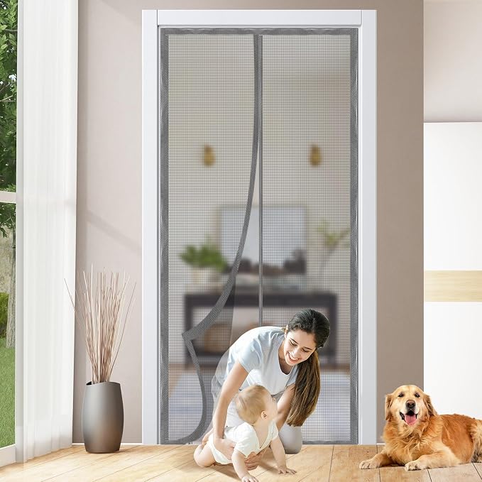 Magnetic Door Screen, Durable Reinforced Anti-Tear Mesh Self-Closing Curtain, Heavy Duty Screen Door with Full Frame Hook & Loop, Fit Door Size 38 x 82 Inch (Silver) - Image 4