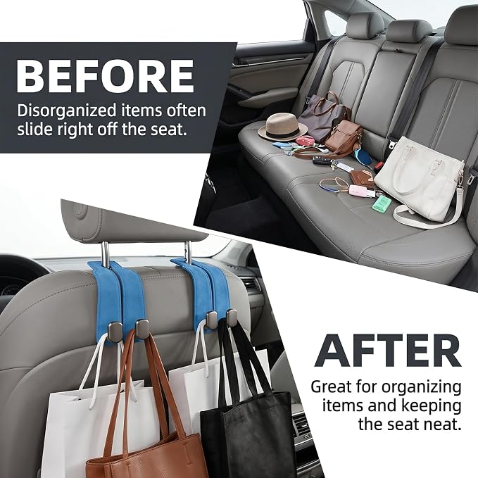 Car Seat Headrest Storage Hooks - 2 Pack Dual Hangers Design Organization Accessories, Car Interior Gadgets to Add Extra Holder and Hook for Purses,Bags,Coat and Handbag - Image 5