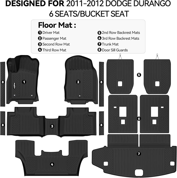 Floor Mats for 2011-2012 Dodge Durango 6 Seats/Captain Seat | Trunk Mat and 2nd/3rd Backrest Mat & Door Sill Guard All Weather TPE Protector Full Set Interior Accessories Floor Liners - Image 2