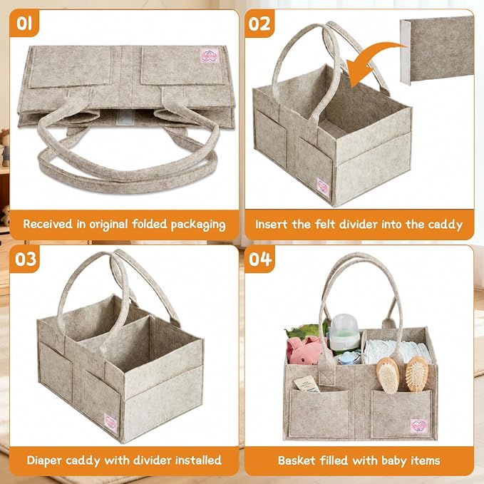 Diaper Bag Organizer Compatible with Cloud Island, Felt Diaper Caddy with Handle, Portable Storage Basket for Changing Table & Car, Khaki - Image 5