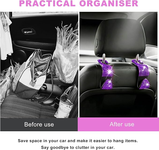 4 PCS Bling Car Seat Headrest Hooks, Rhinestone Vehicle Backseat Storage Hanger Backpack Hook, Sparkly Multi-Functional Headrest Purse Holder for Car Truck SUV RV (Purple) - Image 3