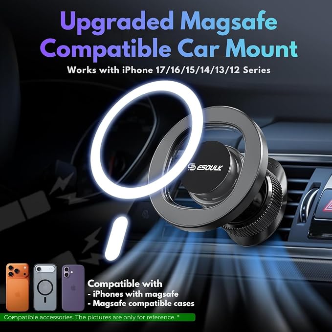 Magnetic Car Phone Mount Air Vent Holder wtih Metal Ring | Strong Magnetic Hold, Magnetic Case Compatible, Adjustable Angle, Secure Air Vent Clip, Clear Windshield View - Image 2