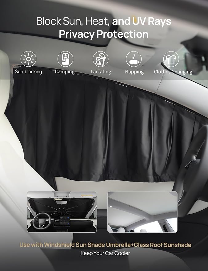TPARTS Side Window Sun Shade Curtains for Tesla Model 3 2026-2018 AllModels | 4-piece blackout sun shades provide privacy and heat protection while fitting front and rear side windows for Tesla Model 3 - Image 3