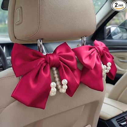 2PCS Satin Bow Pearl Car Seat Headrest Hooks – Car Bag Holder & Vehicle Hanger for Purses – Cute Coquette Aesthetic Interior Decoration – Cute Auto Organizer Accessories Universal (Berry Fuchsia) by Unknown