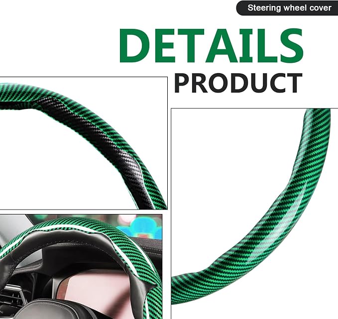 3pcs Universal Carbon Fiber Steering Wheel Cover - Anti-Slip & Segmented Design, Universal 99% Durable Steering Wheel Protector for Men and Women, Car Interior Accessory (Green) - Image 3