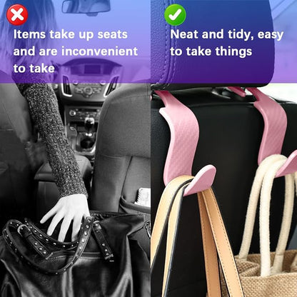 4 Pack 4.13 Inch Carbon Fiber Car Seat Headrest Hooks, Pink | plastic body, supports up to 55 lb, tool-free post fit, rotates beneath headrest when idle, interior storage accessory - Image 4