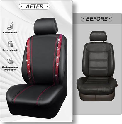 CAR Pass Bling Car Seat Covers Full Set, Shining Rhinestone Diamond Waterproof Faux Leather, Rear with Zipper, Universal Fit Automotive Glitter Crystal Sparkle Strips for Women Girl, Black Red - Image 5