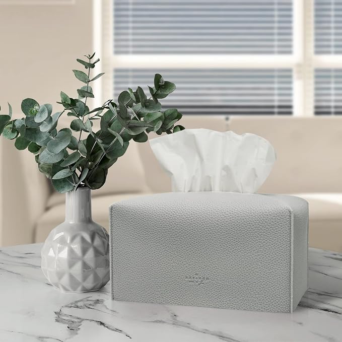 Carrotez Tissue Box Cover, [Refined] Modern PU Leather Rectangular Tissue Box Holder - Decorative Holder/Organizer for Bathroom Vanity Countertop, Night Stands, Office Desk 9.5"X5"X5" - Pastel Grey - Image 8