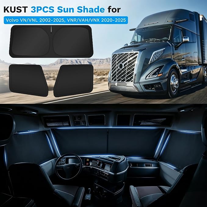 KUST Full Coverage Window Shades for Volvo VN VNL 2002-2026 & Volvo VNR VAH VNX 2020-2026 Semi Truck (No Need Suction Cups) Accessories, Window Cover UV Keep Your Car Cool Easy Install Full Set 3PCS - Image 3