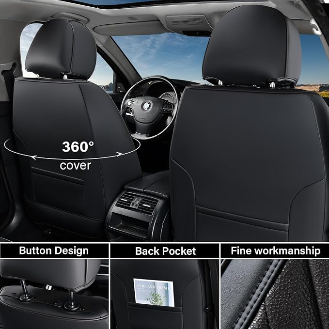 Coverado Car Seat Covers Full Set, 5 Seats Covers for Cars, Car Seat Covers Front Seats Back Seat Covers, Car Seat Protector Luxury Leathaire Waterproof Seat Cushions Universal Fit Most Cars Black - Image 3