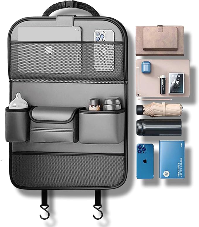 2 Pack Leather Car Backseat Organizer with Foldable Table Tray, Universal Car Seat Back Protector Kick Mat with Touchscreen Tablet Holder, Storage Pockets, Cup Holders & Tissue Holder, Black - Image 7
