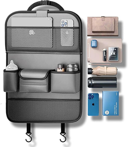 2 Pack Leather Car Backseat Organizer with Foldable Table Tray, Universal Car Seat Back Protector Kick Mat with Touchscreen Tablet Holder, Storage Pockets, Cup Holders & Tissue Holder, Black - Image 7