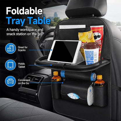 Universal Foldable Car Backseat Organizer with Table Tray, Car Seat Back Protector with Touch Screen Phone Holder, Premium Leather Kick Mats with Storage Pockets Tissue Holder (Black) - Image 2
