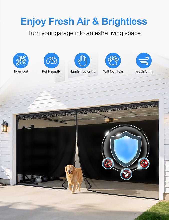 Privacy Garage Door Screen for 2 Car Garage 16x7ft - Retractable Slide Track System, Heavy Duty PET Mesh with Blackout Privacy Panel, Magnetic Closure, Keeps Bugs Out, Fits Garage Opening 16 x 7 Ft - Image 5