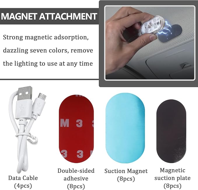 8PCS Wireless LED Lights for Car, 7 Colors Magnetic Auto Interior Light with Bright LED Lamp Beads, Portable Touch & USB Rechargeable Interior Lights, Easy Install for Car Decor (8PCS) - Image 4