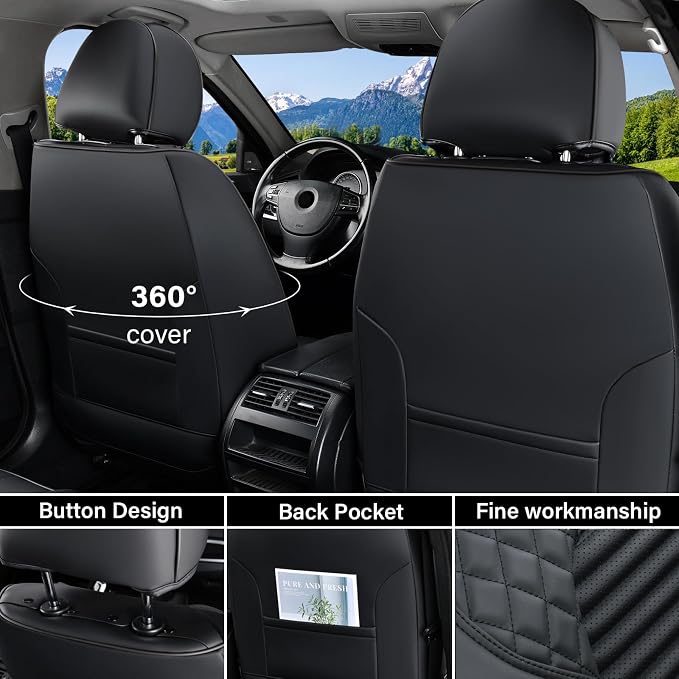 Coverado Car Seat Covers Full Set, Leather Seat Covers for Cars, Waterproof Front and Rear Automotive Seat Cover Car Accessories Universal Fit for Most Cars SUV Trucks(Black) - Image 2