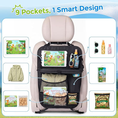 Tsumbay Backseat Car Organizer with Foldable Tray, 9 Pockets, Kick Mat Seat Protector, 18KG Capacity, Waterproof Oxford Fabric for Kids, Family Travel - for Car, SUV, Van (Oxford-2Pck) - Image 4
