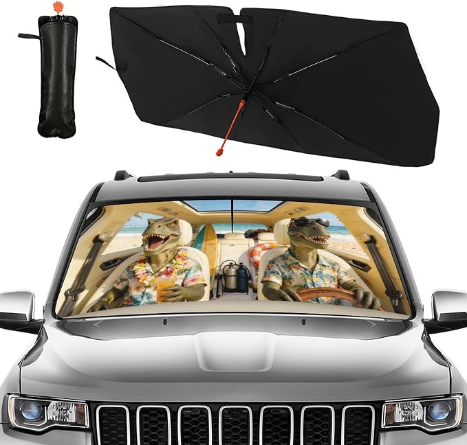 CHILL·TEK Funny Car Windshield Sun Shade Umbrella, Funny Dinosaur Car Sun Shade Umbrella, Block UV Rays Heat Foldable Windshield Umbrella Sun Visor Protector - Keep Vehicle Cool for Cars SUV - Image 2