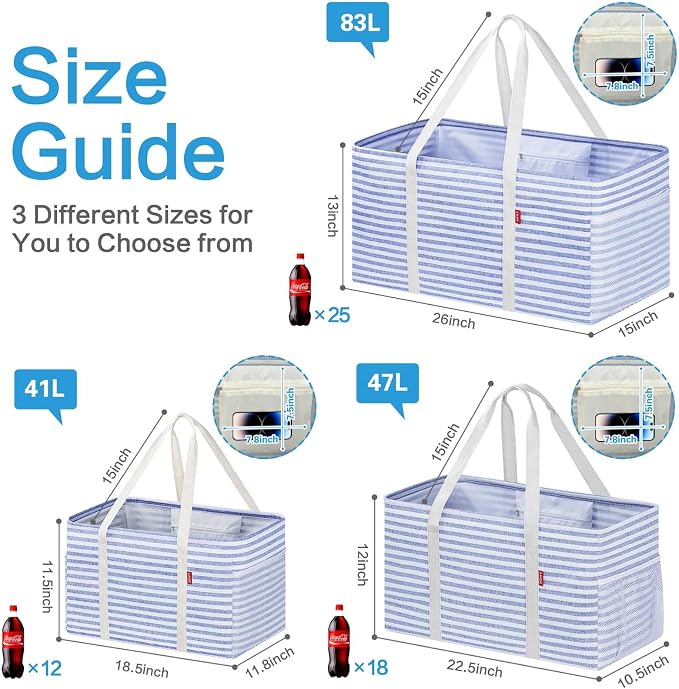LHZK Standing Utility Tote Bag with Metal Wire Frame and the Sides Rinforced, Large Tote Bag with Handle, Reusable Grocery Bags Foldable, Beach Bag, Car Tote (Blue, 18.5''x11.8''x11.5'') | Metal Wire Frame - Image 5