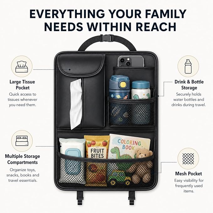 Backseat Car Organizer for Kids, Back Seat Car Organizer with 5 Pockets | Holds tissues, drinks, snacks, toys and books; easy-clean leather for family trips - Image 4