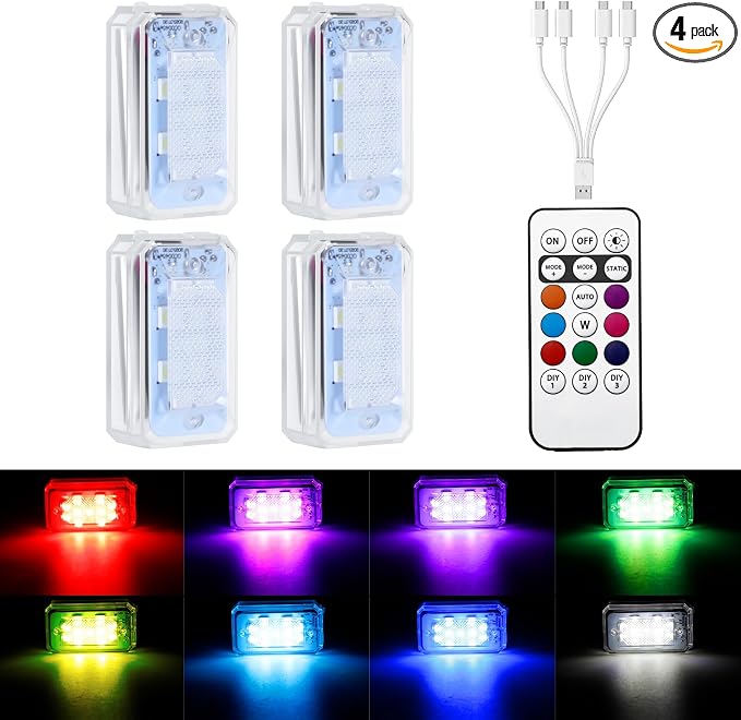 PIFOOG 11 LEDs Wireless Strobe Lights with Remote 500mAh Rechargeable Car RGB Car Interior Ambient Lighting Anti-Collision Strobes Light for Motocycle Vehicle Bike Scooter Warning Flashing 4PCS by PIFOOG