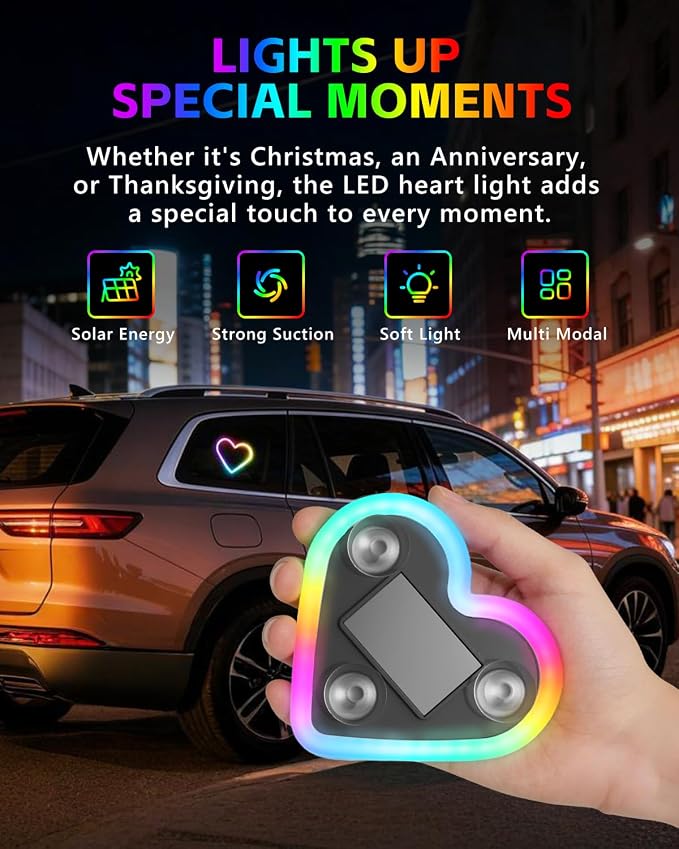 1PCS Car LED Ambient Lights, Car Triangle Window Solar-Powered Heart Shaped Atmosphere Light with 8 Switchable Lighting Modes, Rechargeable Romantic Neon Heart Light for Interior Car(Colorful) - Image 2