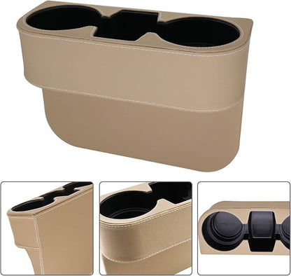 Car Cup Holder, Car Seat Gap Filler Organizer, PU Leather, Beige | Front Seat Organizer, Console Side Pocket, Cell Phone Holder, Coin Bucket, Car Storage Box, Universal Fits, Easy Installation - Image 4