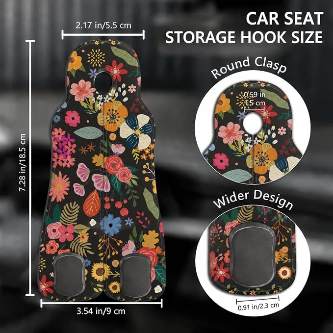 Cute Floral Car Seat Back Storage Headrest Hooks for Purses & Bags – 2PCS PU Leather Dual Metal Hooks, Backseat Organizer Accessories - Image 2