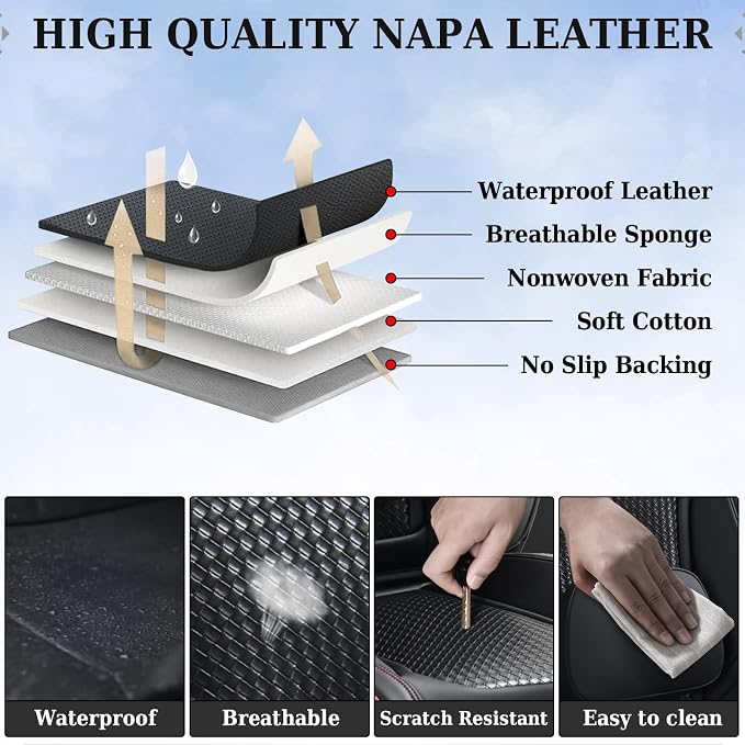 Coverado Seat Covers, Car Seat Covers Front Seats, Waterproof Nappa Leather Auto Seat Cover with Lumbar Head Pillow, Black Redline Seat Covers Carseat Cover Universal Fit for Most Cars - Image 7