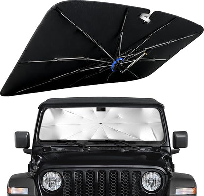 Windshield Sun Shade for Jeep Wrangler 2018-2026 with 360° Rotating Shaft | Custom Fit Umbrella Sunshade for UV Blocking, Interior Heat Protection, Easy Storage, UPF 50+ Cool Windshield Cover by Lonyaqui