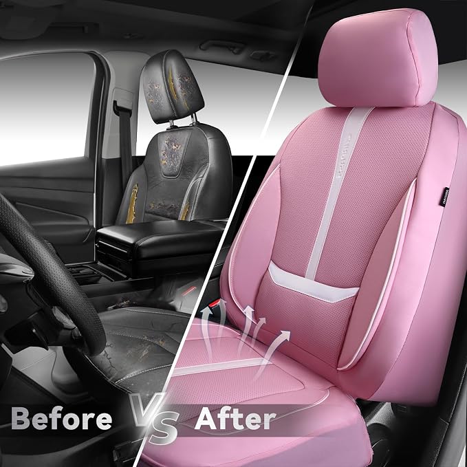 CAR PASS Nappa Leather Car Seat Covers, Cute Girly Water Resistant 3D Foam Faux Leather Seat Covers, Lumbar Support Automotive Seat Covers 2 Front Seats, Universal Fit for Cars SUV, Cute Pink White - Image 6