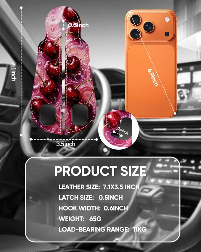 WOCOCN Purse Holder for Car, 2 Pack Heavy Duty Purse Hanger for Car, Cherry | PU Leather Car Seat Hooks for Purses and Bags, Cute Floral Headrest Organizer for Handbags & Backpacks - Image 7