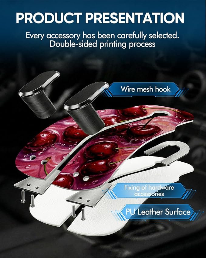 WOCOCN Purse Holder for Car, 2 Pack Heavy Duty Purse Hanger for Car, Cherry | PU Leather Car Seat Hooks for Purses and Bags, Cute Floral Headrest Organizer for Handbags & Backpacks - Image 6