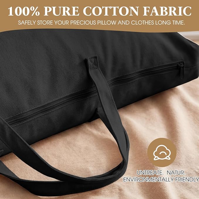 2 Pack Travel Pillow and Blanket Bags, 100% Cotton Canvas Pillow Storage Bag with Handles, Heavy Duty Breathable Organizer for Bedding Linens, Pillow Bag for Traveling(2,Black,20"x30") - Image 7
