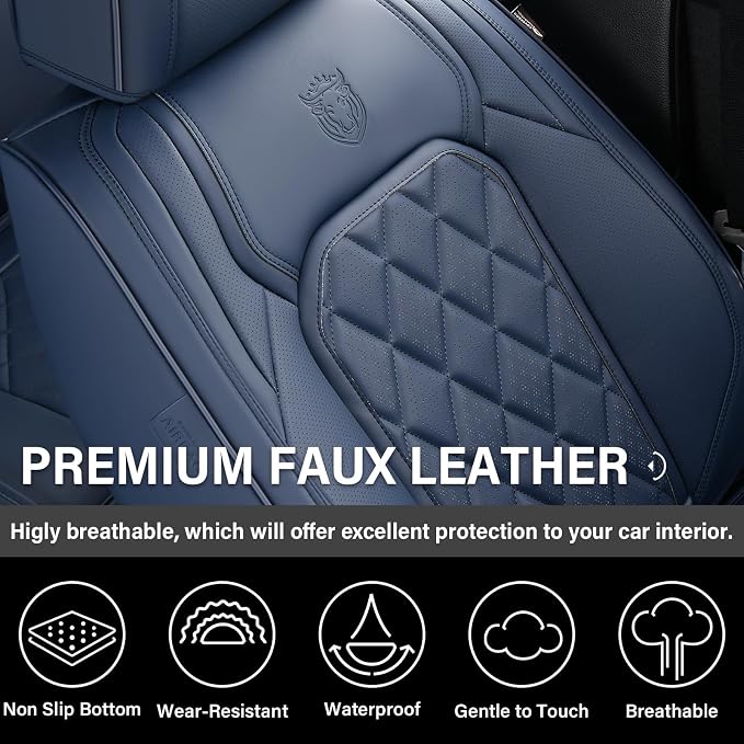Coverado Car Seat Covers Full Set, Luxury Faux Leather Seat Covers for Cars, Waterproof Car Seat Protector, Blue Car Seat Cover, Universal Automotive Seat Covers Fit for Most Sedan SUV Trucks - Image 5
